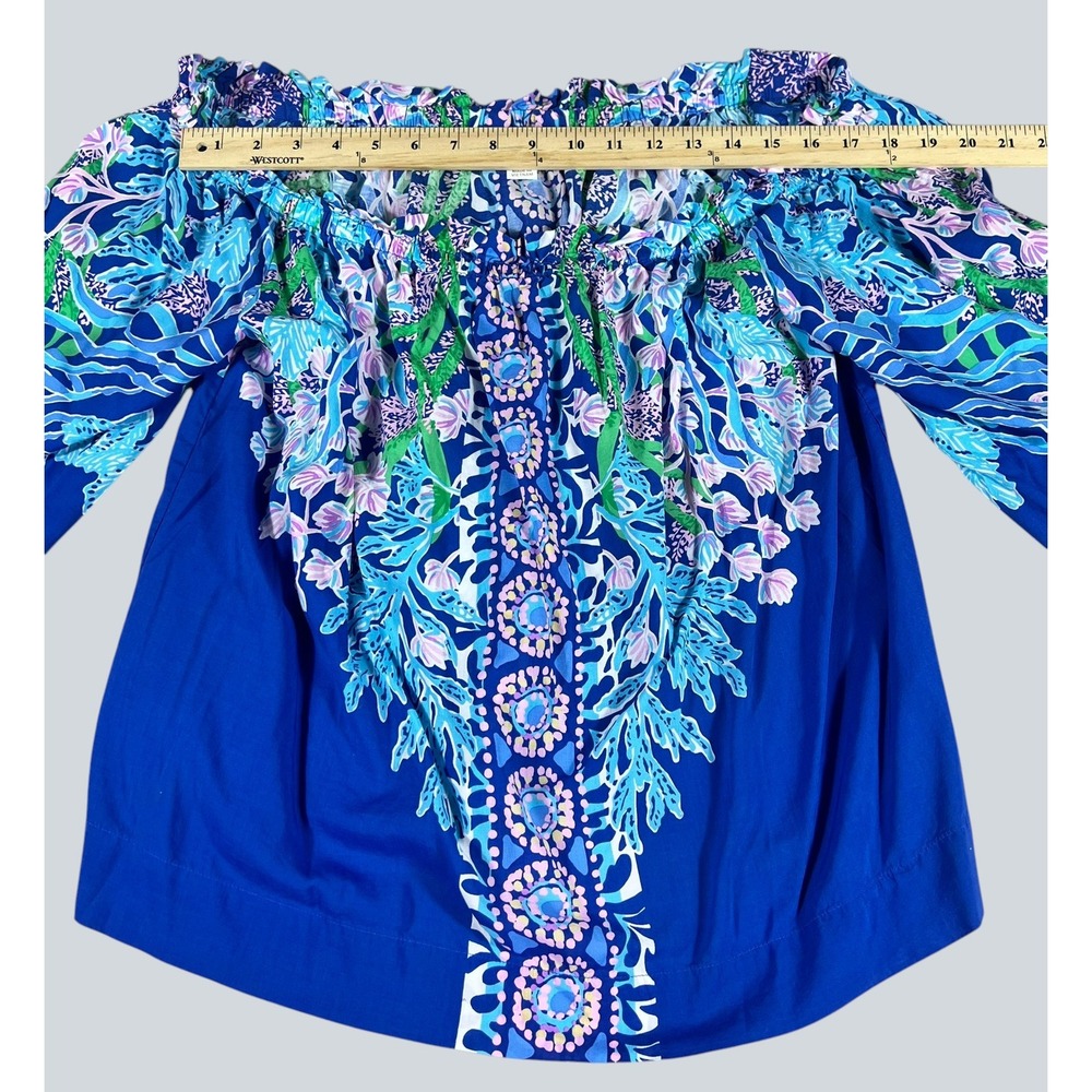 Lilly Pulitzer Womens Blue Floral Off The Shoulder Blouson Sleeve Blouse XL - Picture 3 of 12